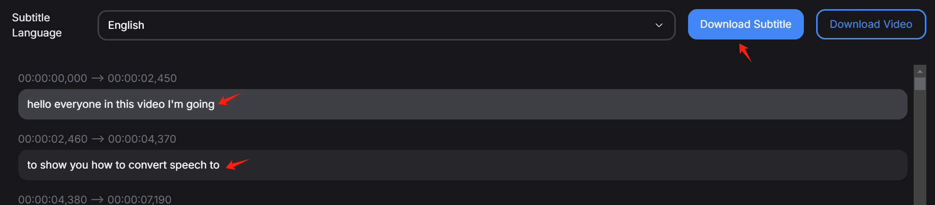 Interface showing subtitle download and editing options